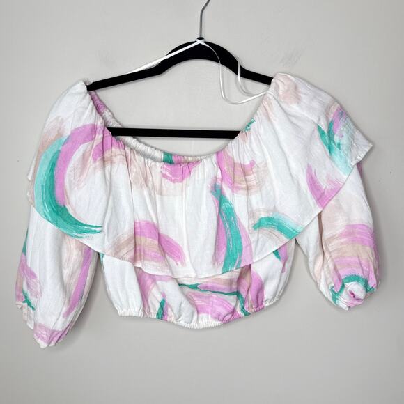 Gianni Bini Tops - Gianni Bini Brushstroke Off-Shoulder Ruffle Crop‎ Top Puffy Sleeves Size Medium